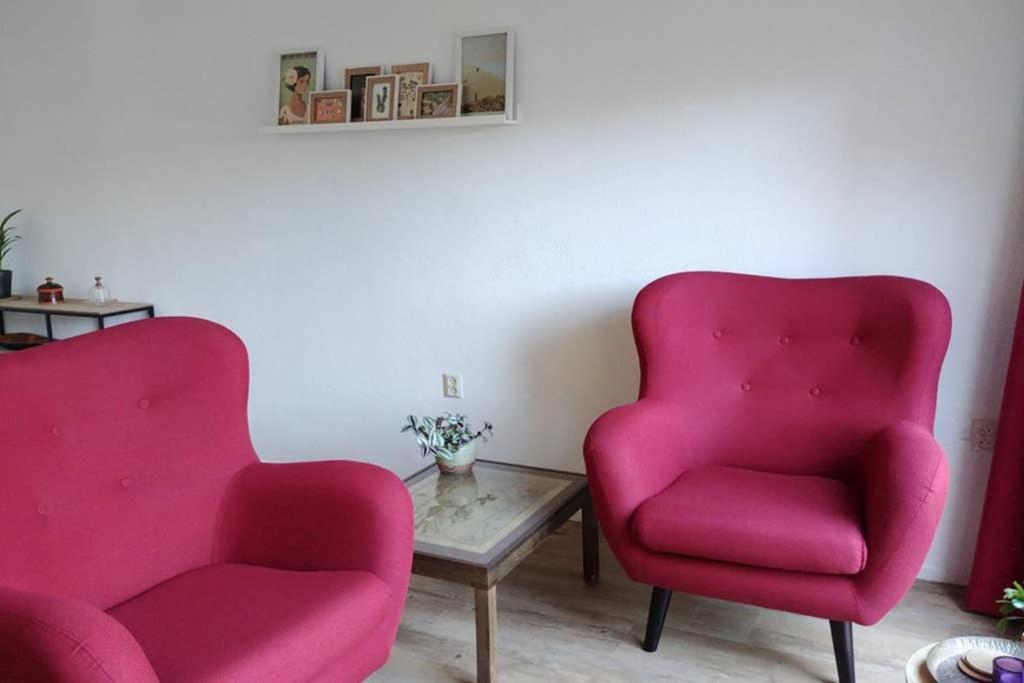 duas cadeiras cor-de-rosa e uma mesa de centro num quarto em Gastvrij verblijf in gezellig dorp dichtbij natuur em Enter