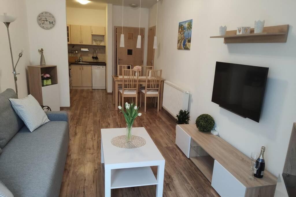 a living room with a couch and a tv and a table at Patrik Apartment Šamorín in Šamorín