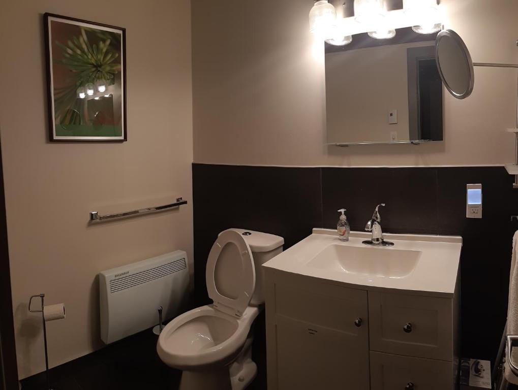 a bathroom with a white toilet and a sink at Oberge Inn Val-David in Val-David