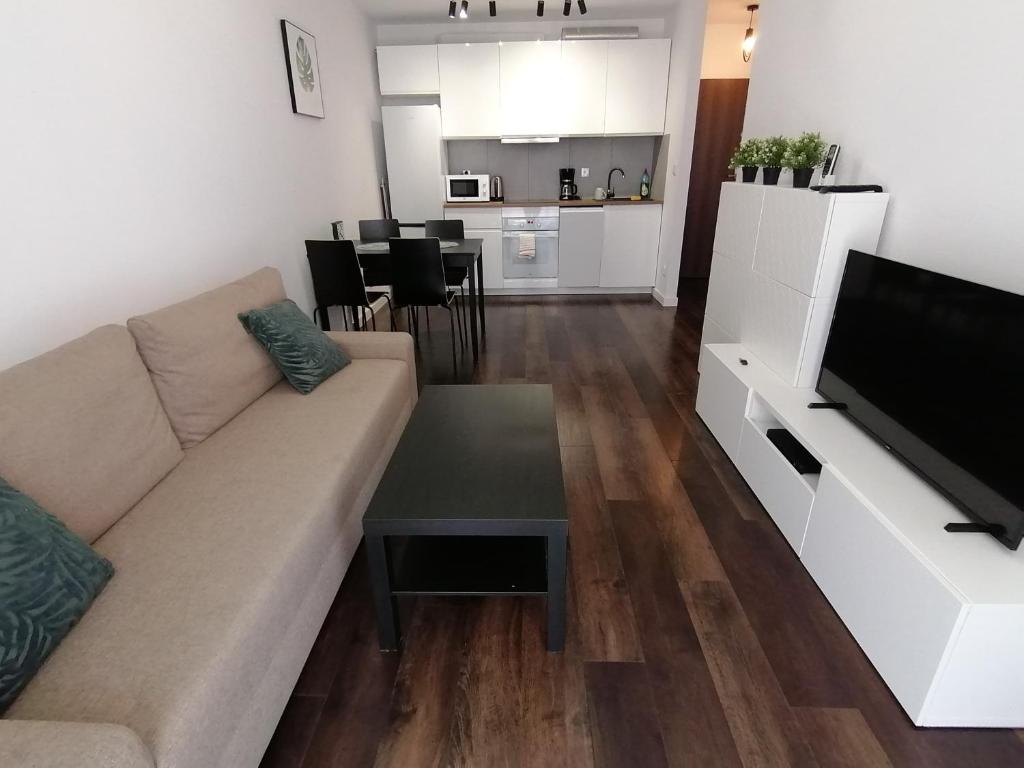 a living room with a couch and a tv and a kitchen at Green Apartments Kraków in Kraków
