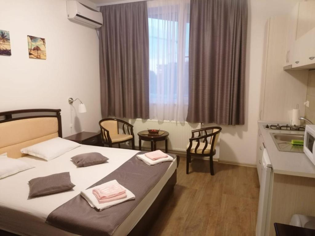 una camera d'albergo con letto e cucina di Garsoniera Papaya Beach a Mamaia Nord - Năvodari