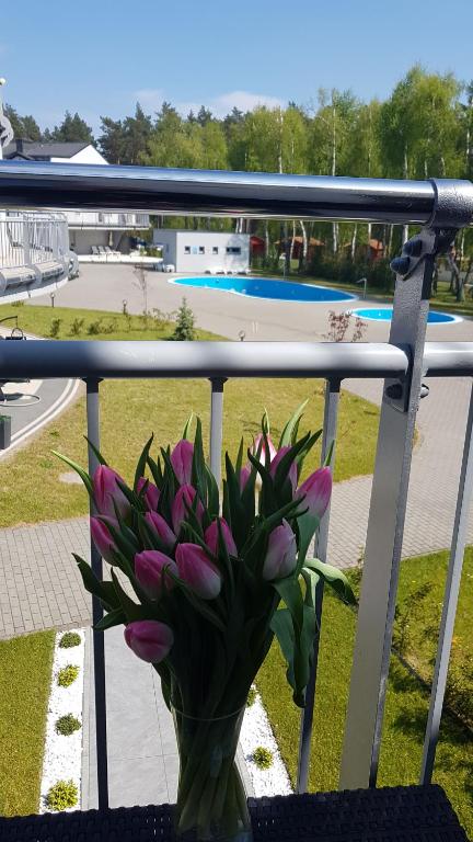a vase filled with pink tulips on a balcony at Romantyczny Apartament Happy 16 - basen, kort tenisowy dla maksymalnie 6 osób in Pobierowo