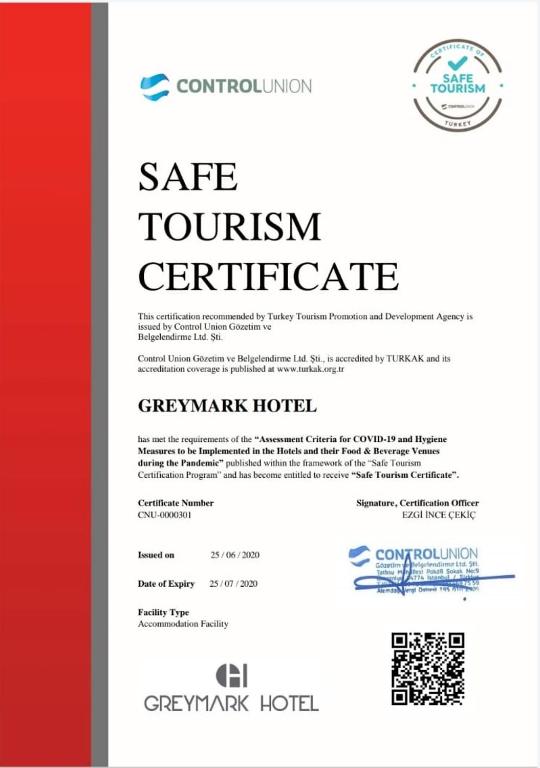 Certifikát, hodnocení, plakát nebo jiný dokument vystavený v ubytování Greymark Hotel