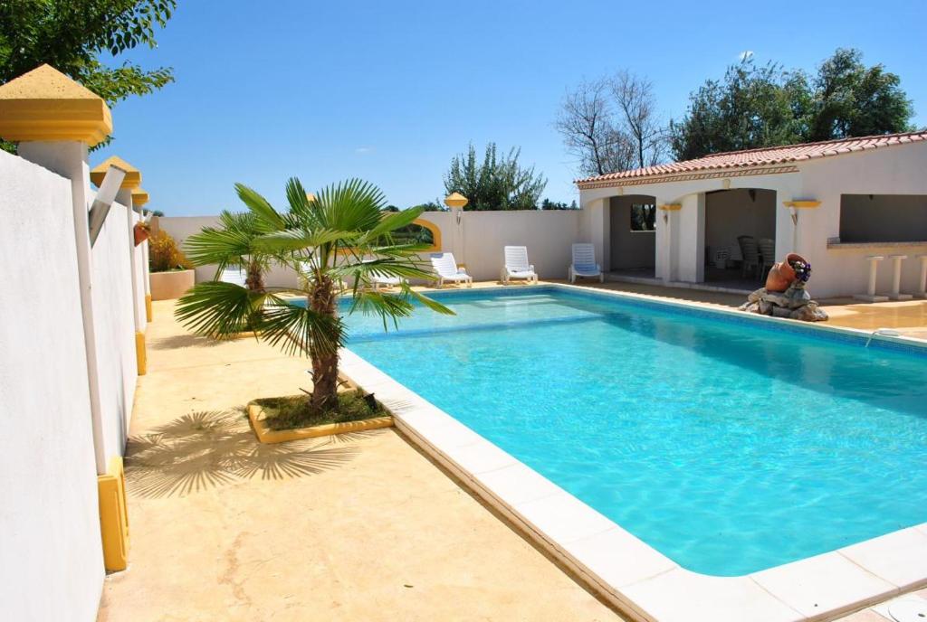 a swimming pool with a palm tree next to a house at EL ROCIO 2 in Saintes-Maries-de-la-Mer