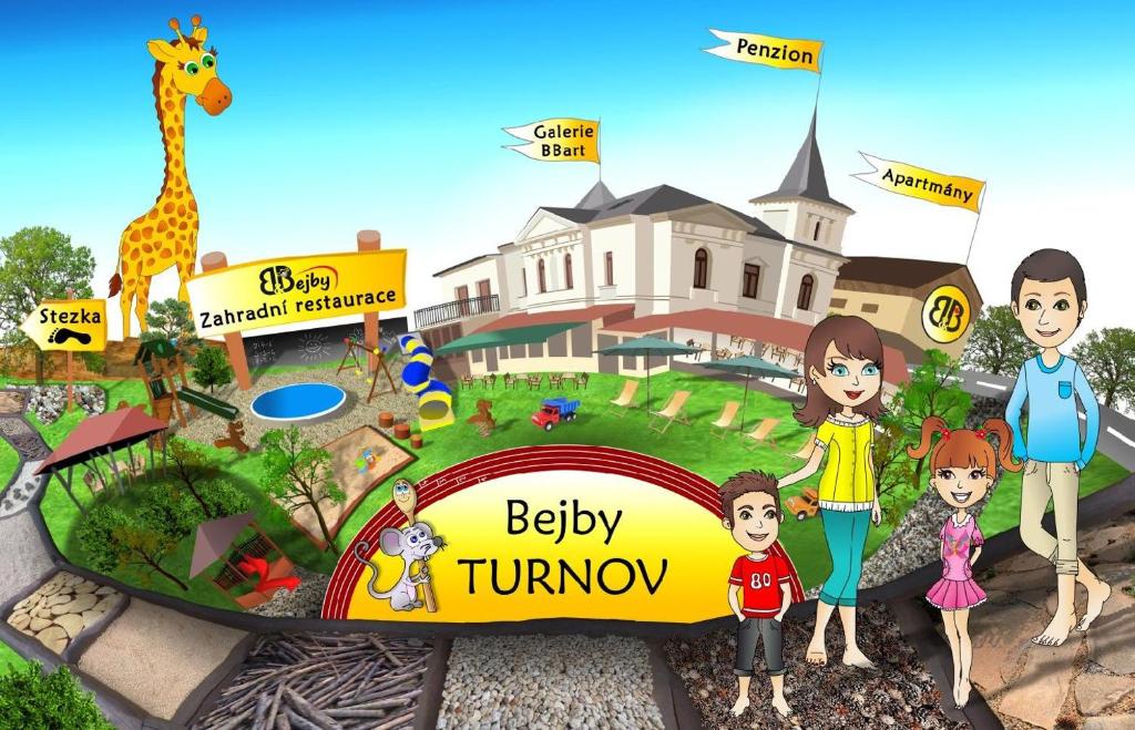 a cartoon of a family standing in front of a zoo at Apartmány Bejby Turnov in Turnov