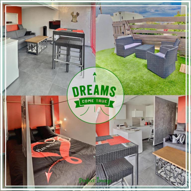 a collage of four pictures of a living room at LE DONJON Villa BDSM Port Nature VILLAGE Cap d'Agde naturiste in Cap d'Agde
