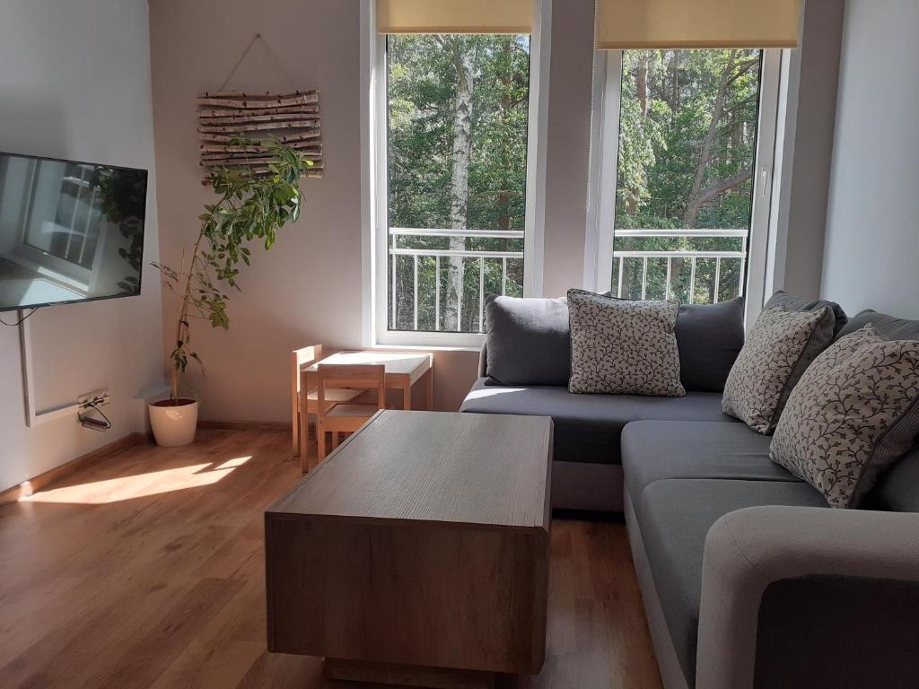 a living room with a couch and a coffee table at Apartament nad Jeziorem Sławskim in Radzyń