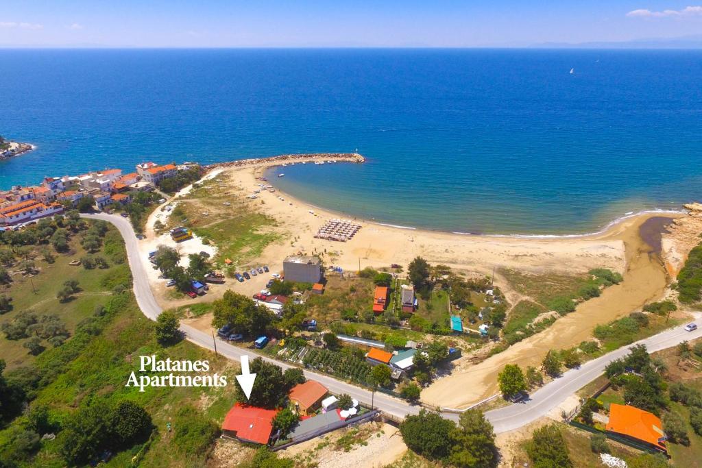 an aerial view of a beach next to the ocean at Platanes Apartments in Skala Marion