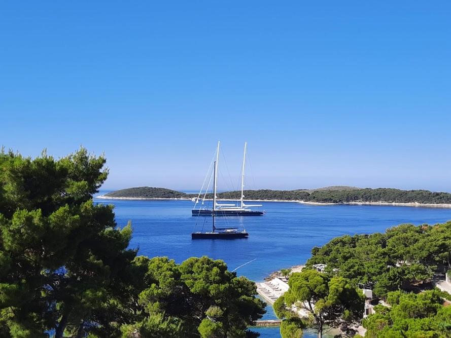 two boats in a large body of water with trees at Villa Malisko in Hvar