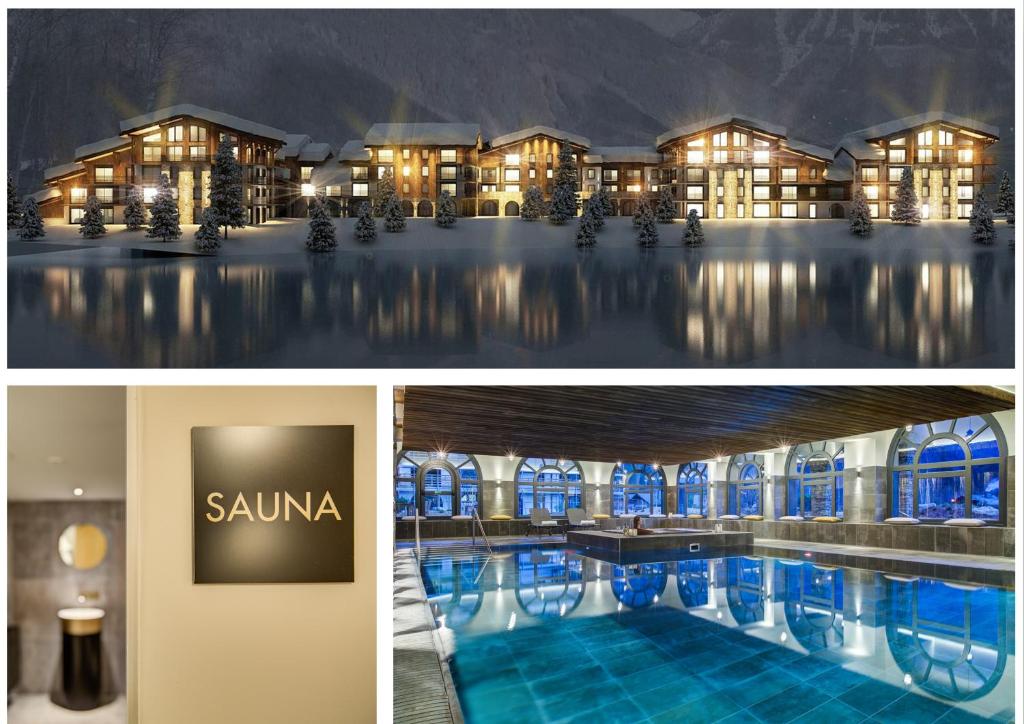 un collage de photos d'un hôtel avec une piscine dans l'établissement Thedrus luxury apt, swimming pool, SPA & more, à Chamonix-Mont-Blanc