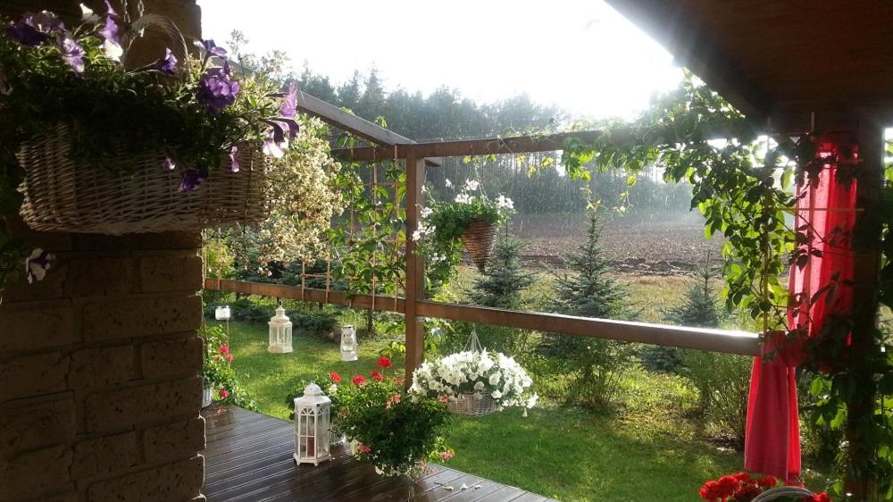 een veranda met bloemen en uitzicht op een tuin bij Szumi Las in Szumles Królewski