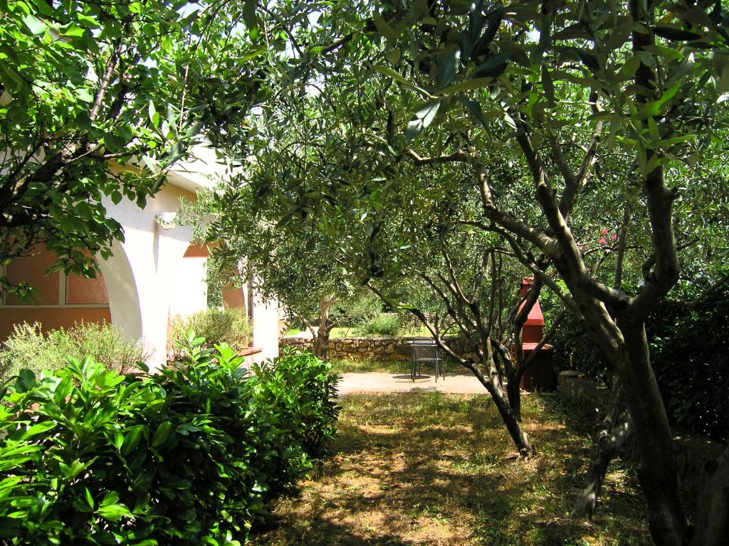 a garden with trees and a white building at Apartments Sokolović in Krk