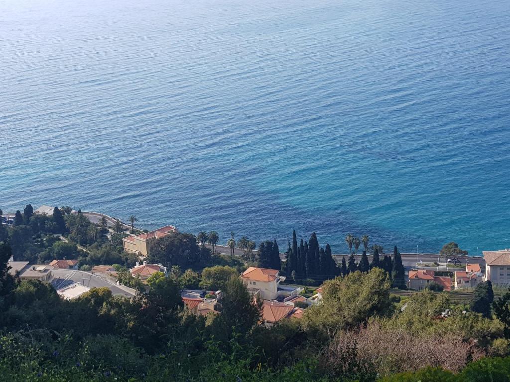 a view of a town and the ocean at Maison Patricia Menton Appartemets in Menton