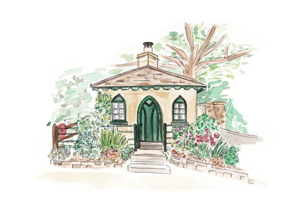 a drawing of a house with flowers and plants at Gatekeepers Lodge, Dyrham Park - Private & Self Contained, deluxe accommodation, 15 mins from Bath in Dyrham