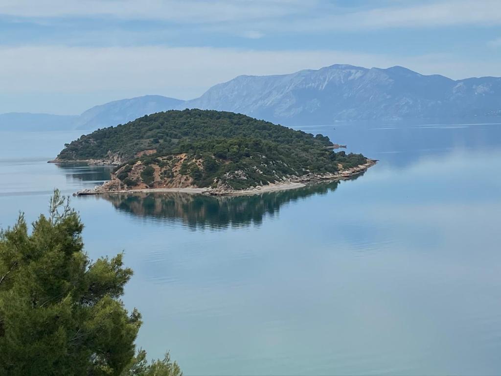 an island in the middle of a large body of water at NIAN villa sea in Drosia