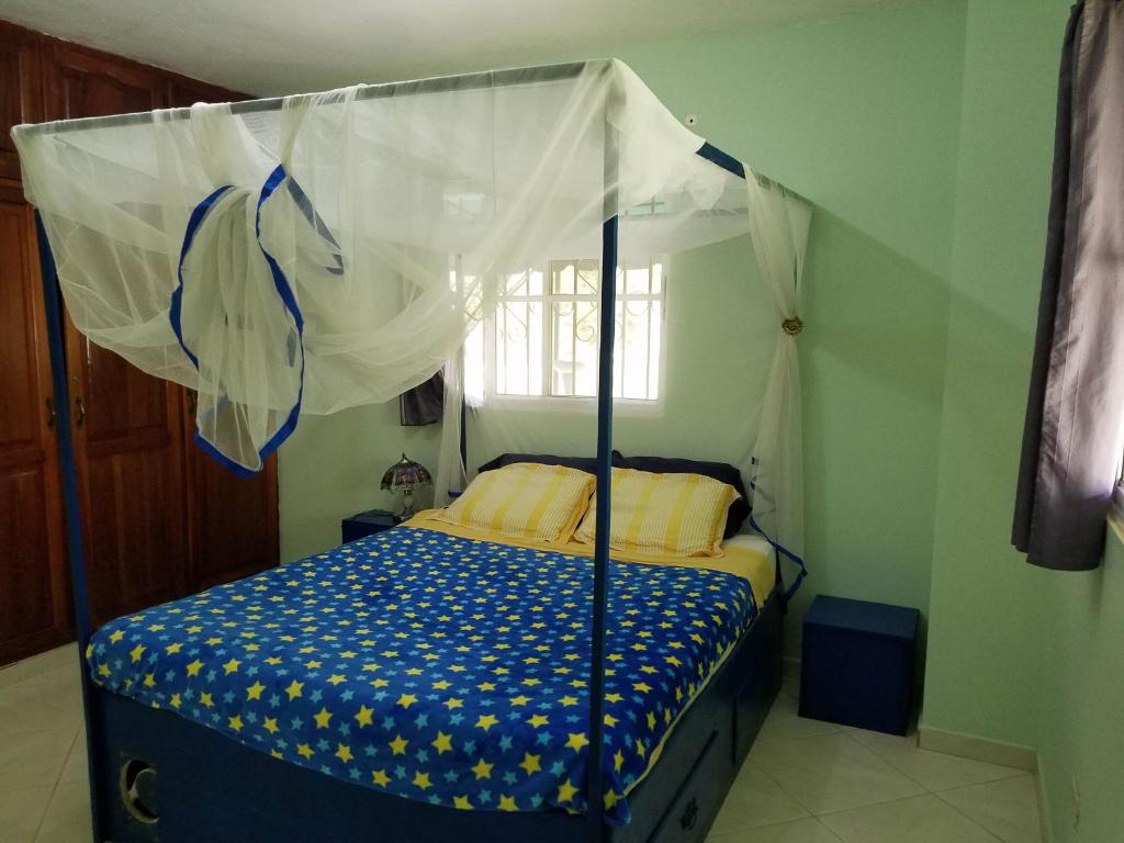 a bed room with a blue bedspread and a blue canopy at Blue Lady Rooms B&B in Jarabacoa
