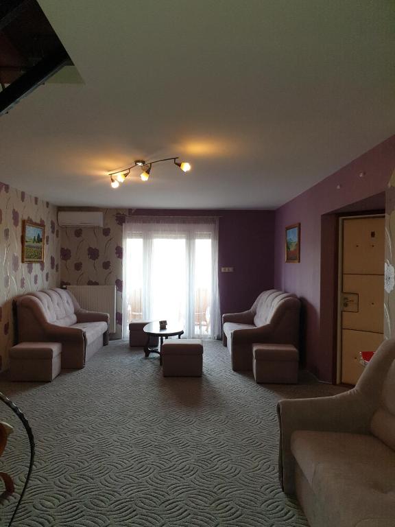 a living room with couches and a window at Budai Panzió in Székesfehérvár