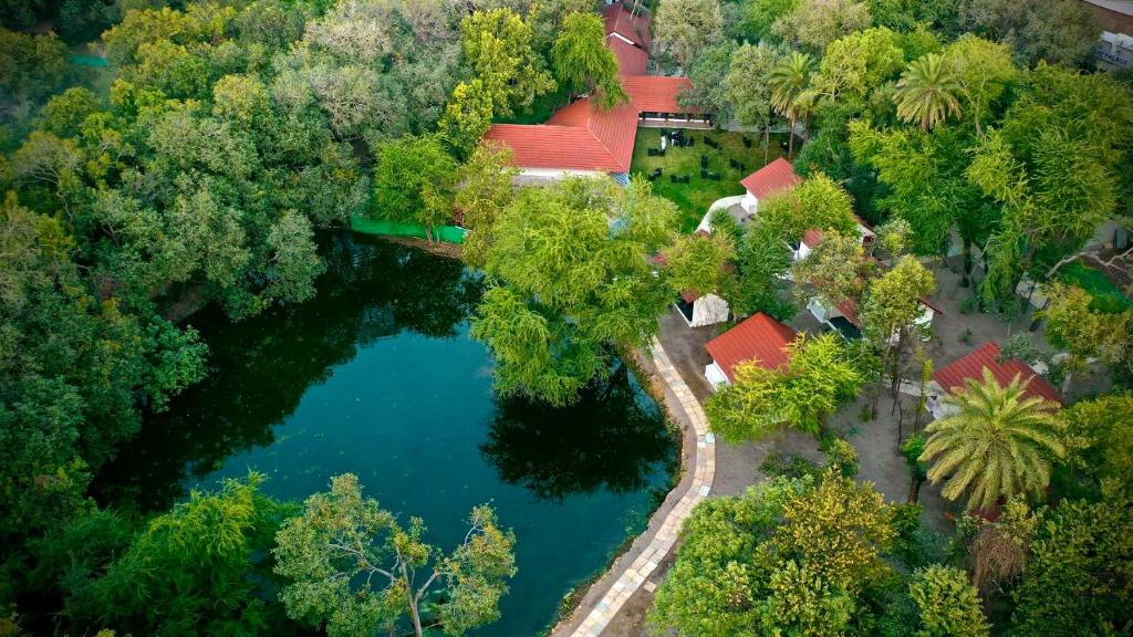an aerial view of a house with a lake at Aranya Vilas in Udaipur