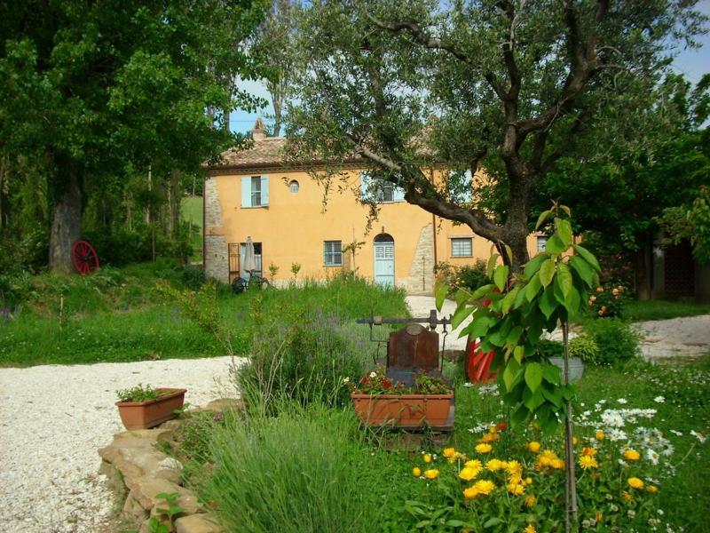 un jardin avec des fleurs devant une maison jaune dans l'établissement Casa dei ciliegi, à San Lorenzo in Campo