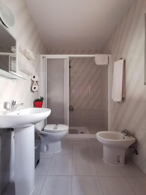 Un baño con ducha, lavabo e inodoro. en Hostal Senero, en Mérida