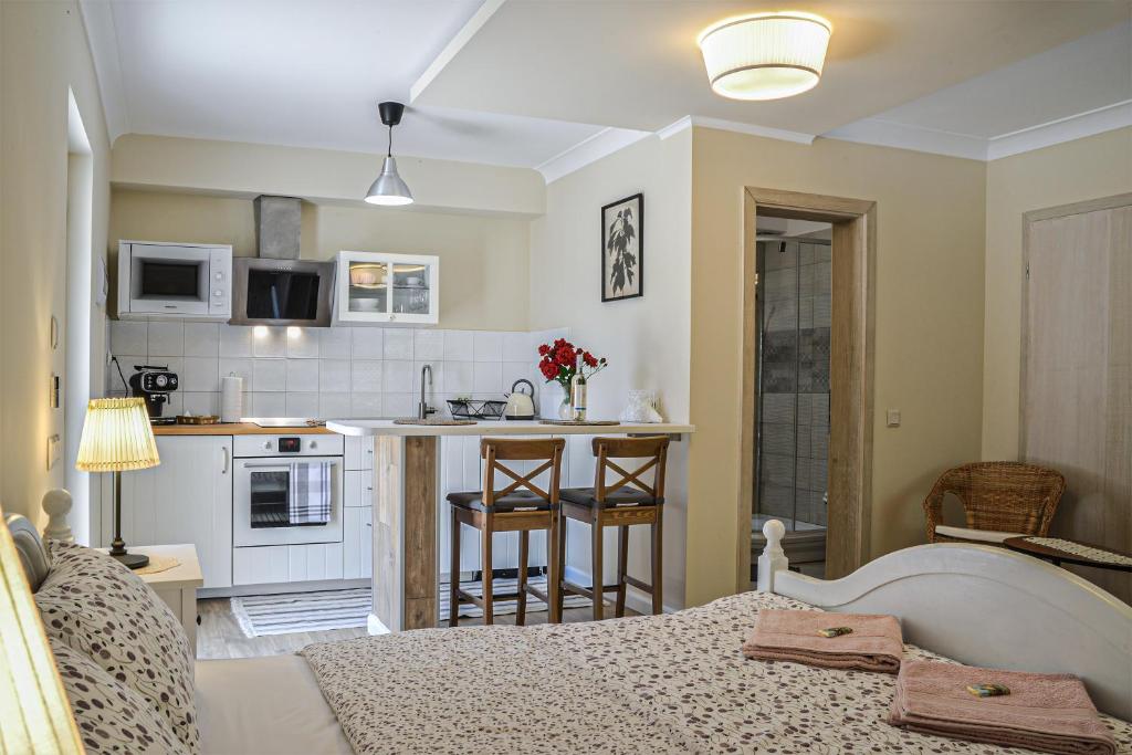 a bedroom with a bed and a small kitchen at Terrace Apartments in Eger