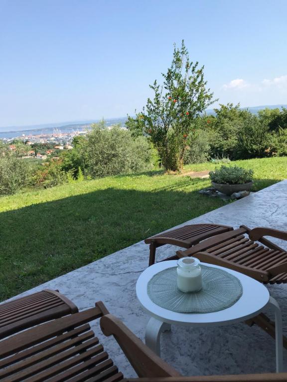 - une table et des chaises sur une terrasse avec vue dans l'établissement Apartment Nona Ervina, à Koper