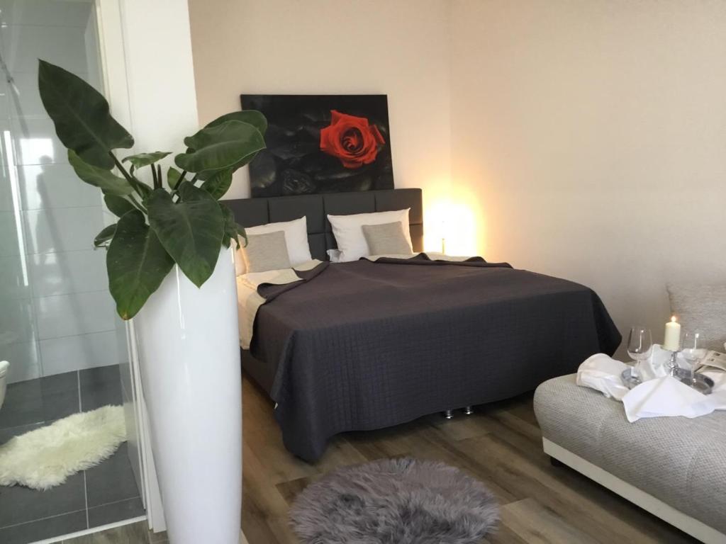 1 dormitorio con 1 cama y una maceta en Hotel Zum Berggarten en Kassel