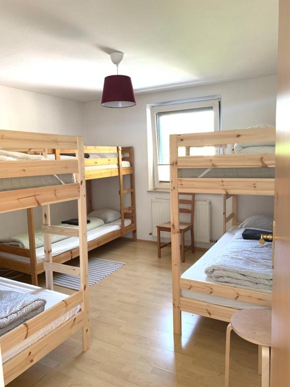 Pokój z 4 łóżkami piętrowymi i oknem w obiekcie Blue Mountain Hostel w mieście Innsbruck