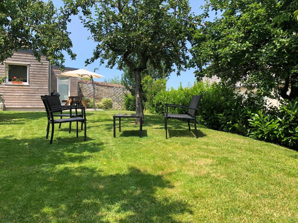 オンフルールにあるLa maison d'Olivierの庭の椅子2脚と傘