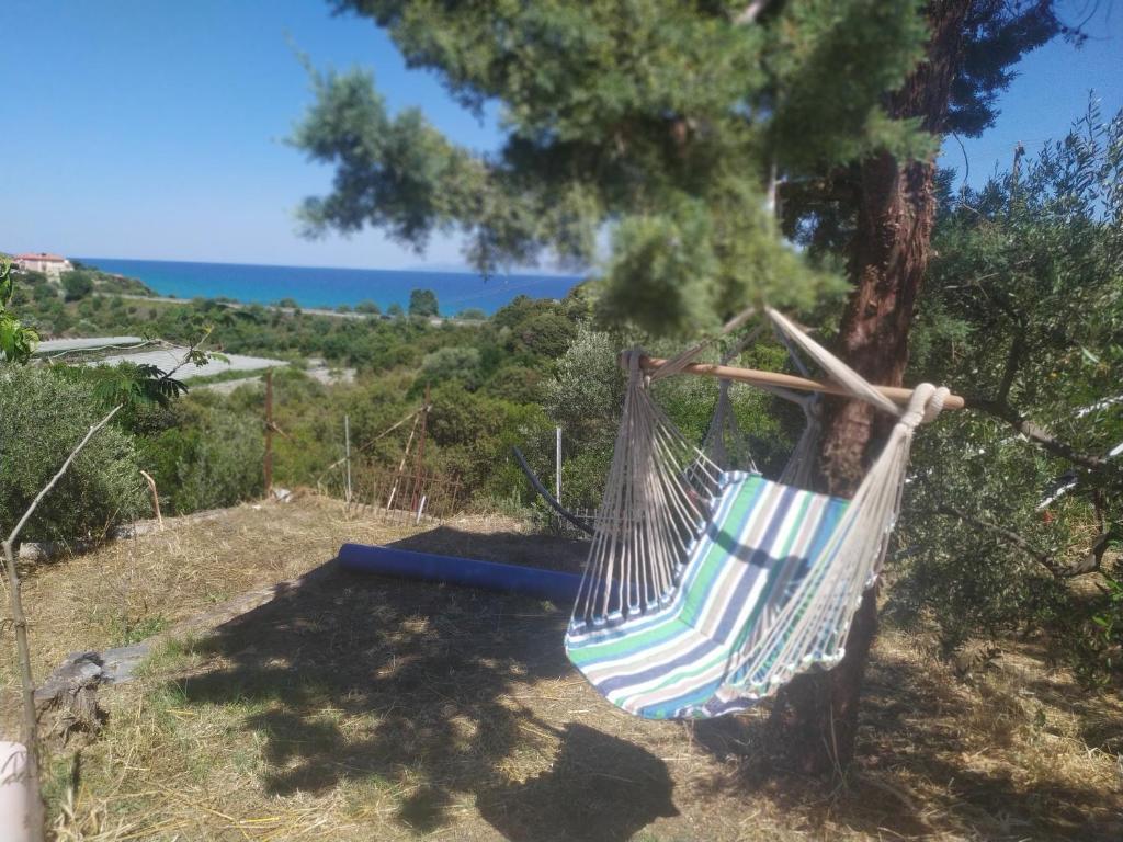 een hangmat hangend aan een boom met de oceaan op de achtergrond bij Real Holidays Antoniadou - Rustic House in Elaiokhórion