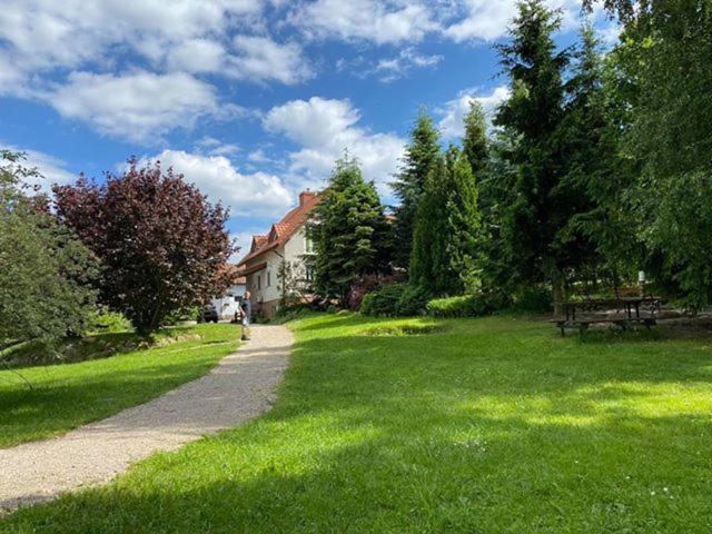 trawnik z domem i ścieżką w obiekcie Ranczo nad Stawem w Rynie