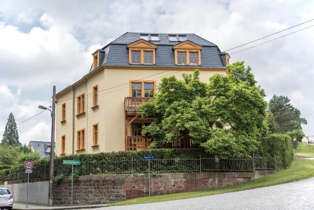 een groot geel huis met een zwart dak bij Domizil Adler in Dresden