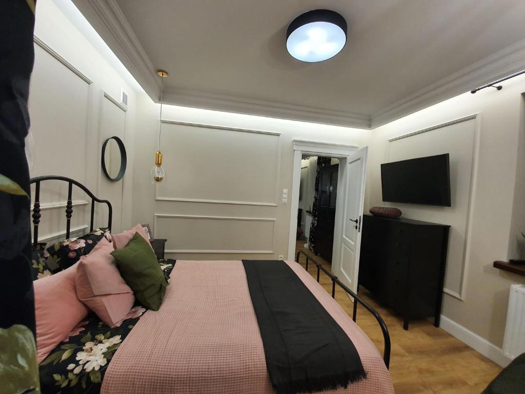a bedroom with a bed and a television in it at Apartament w sercu Zamojskiej Starówki in Zamość