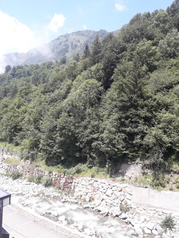 a stone wall next to a river with trees at Appartement Barèges in Barèges