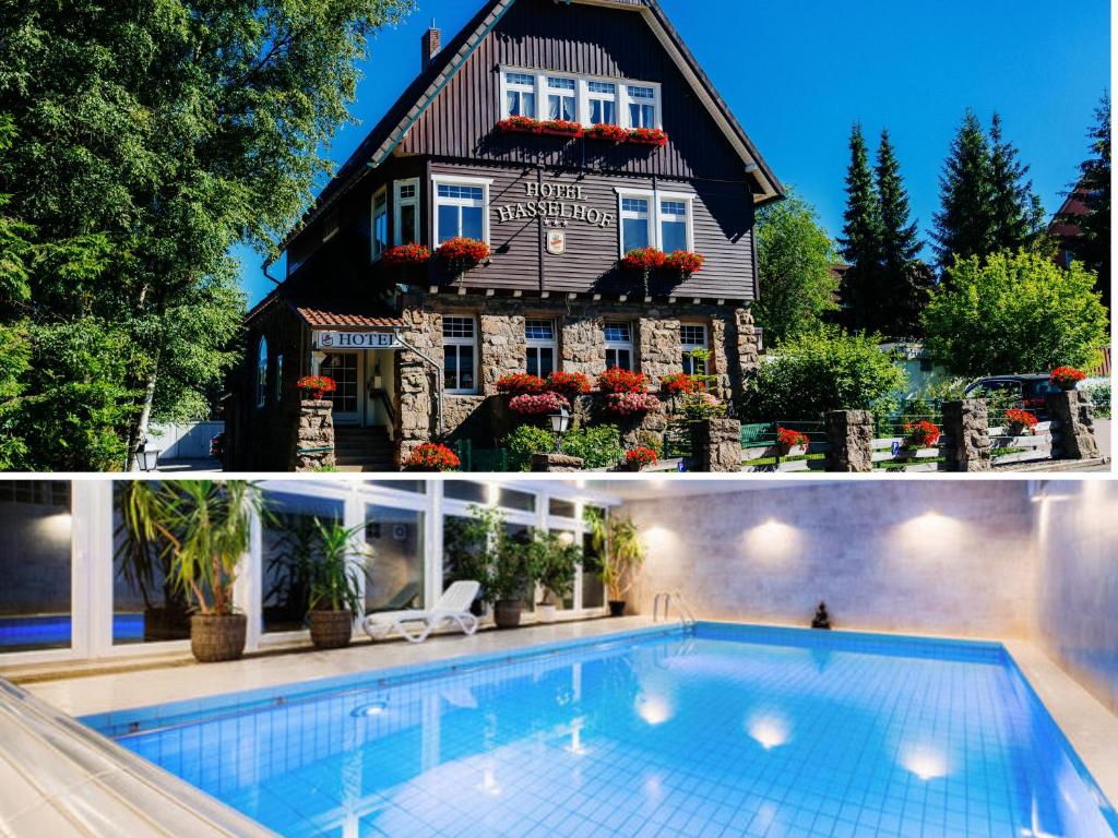 una casa con piscina frente a una casa en Hotel Hasselhof Garni Vier Sterne, en Braunlage