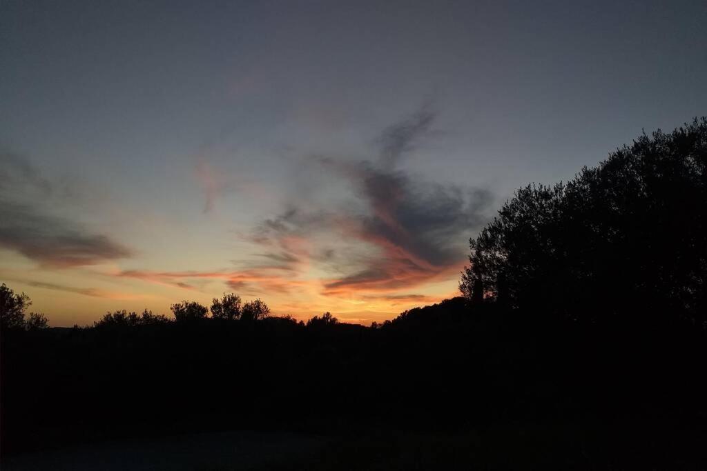 a sunset in the sky with trees in the foreground at Σγουρής (Sgouris) in Lefkímmi