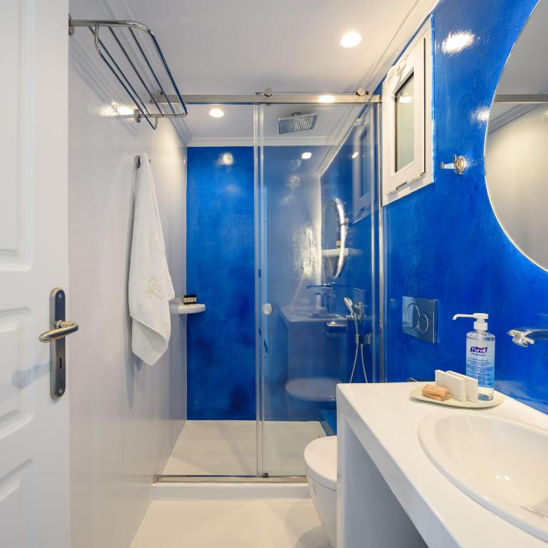 a blue bathroom with a shower and a toilet at Villa Renos Hotel in Fira