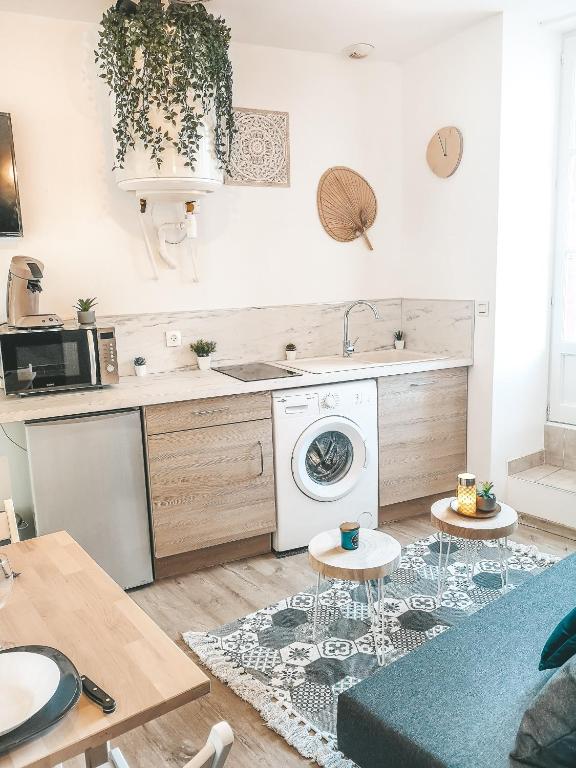 a kitchen with a sink and a washing machine at La Loggia - Appartement Terrasse + Garage à Grenoble in Grenoble