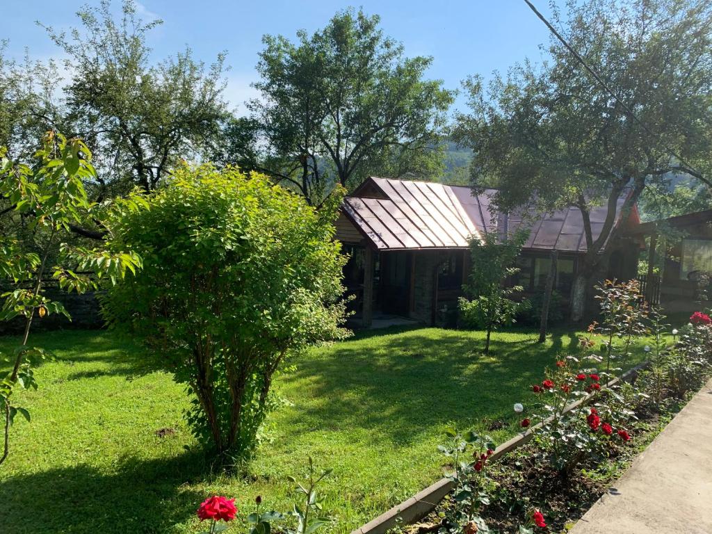 a yard with a house and some flowers at Casa Livada cu Meri in Vişeu de Jos