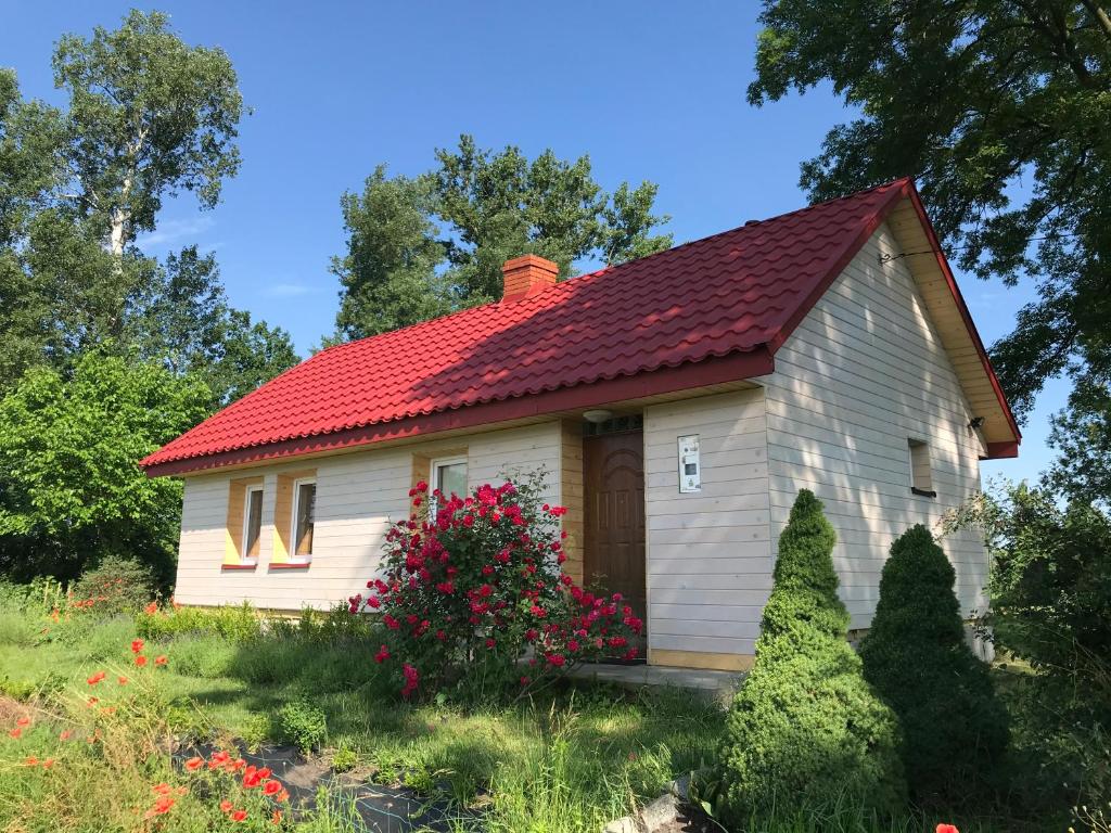 une petite maison blanche avec un toit rouge dans l'établissement Dom na Ponidziu z basenem, à Wiślica