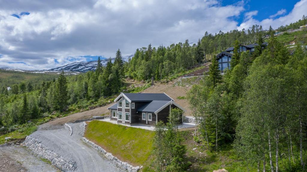 eine Luftansicht eines Hauses auf einem Hügel in der Unterkunft Rolfhytta - Fosskamben 19 in Sogndal