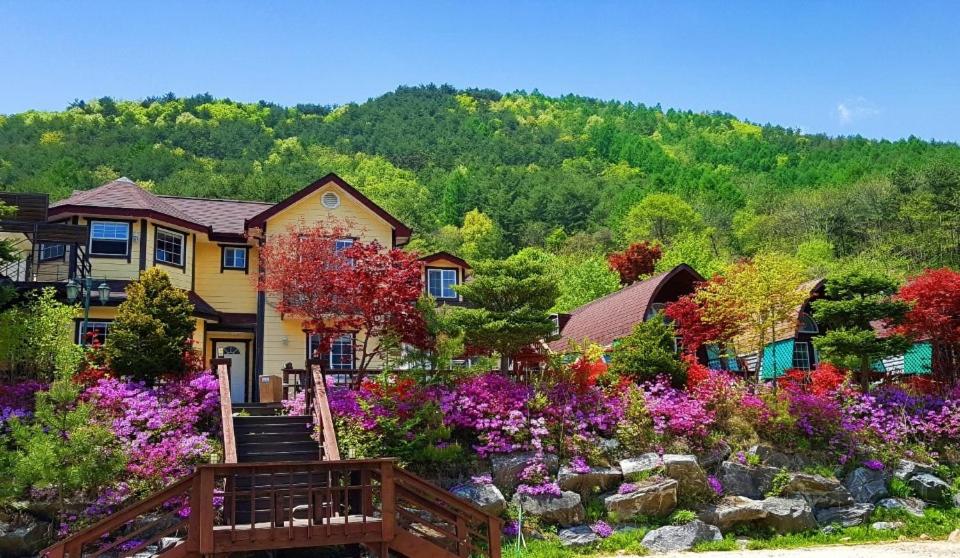 a house with a garden of flowers in front of it at CHAEUL Pension in Pyeongchang 