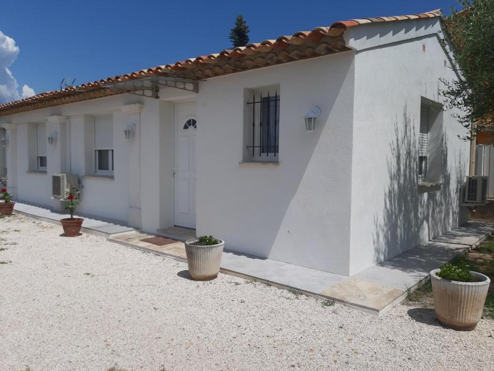 a white house with two potted plants in front of it at Le coin des Oliviers in Puget-sur Argens