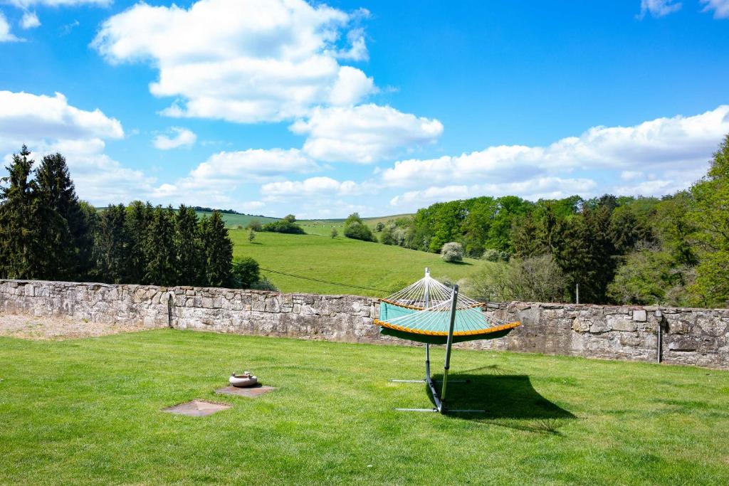 a hammock in the middle of a grass field at B&B Hotel Ferme des Templiers nabij Durbuy, eigen laadpalen in Somme-Leuze