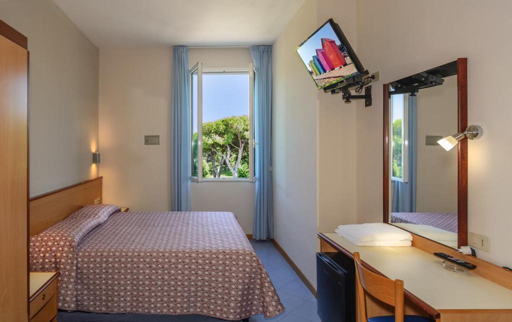 een slaapkamer met een bed, een bureau en een spiegel bij Hotel Sogno in Viareggio