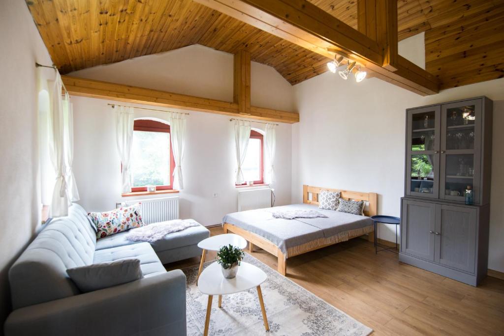 a living room with a couch and a bed at Apartmán Albert v Spa dedinke in Zvolen
