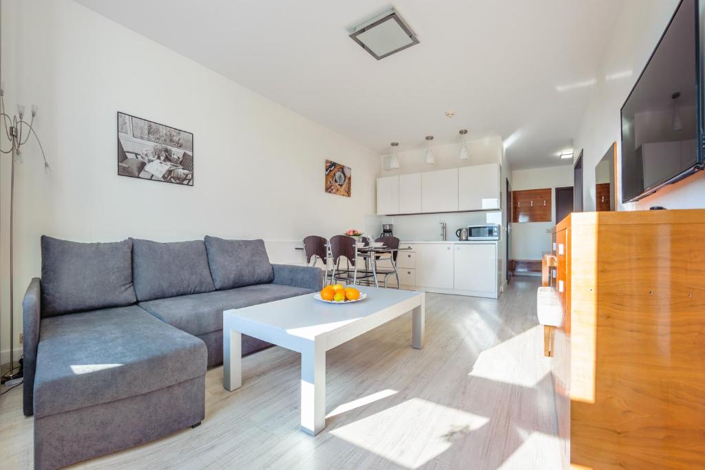 a living room with a couch and a table at Prywatne Apartamenty Sun & Snow w Divie in Kołobrzeg