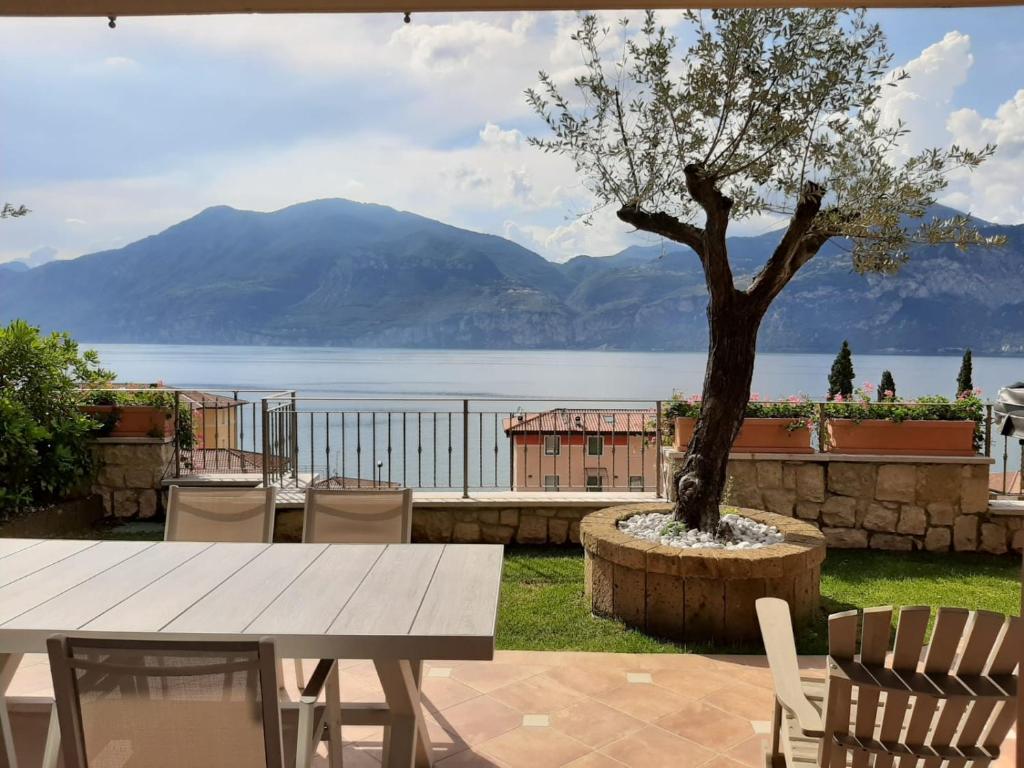 stół i krzesła przed drzewem w obiekcie BMP APARTMENT DELUXE 2 JACUZZI RISCALDATA PRIVATA vista Lago di Garda w Brenzone sul Garda