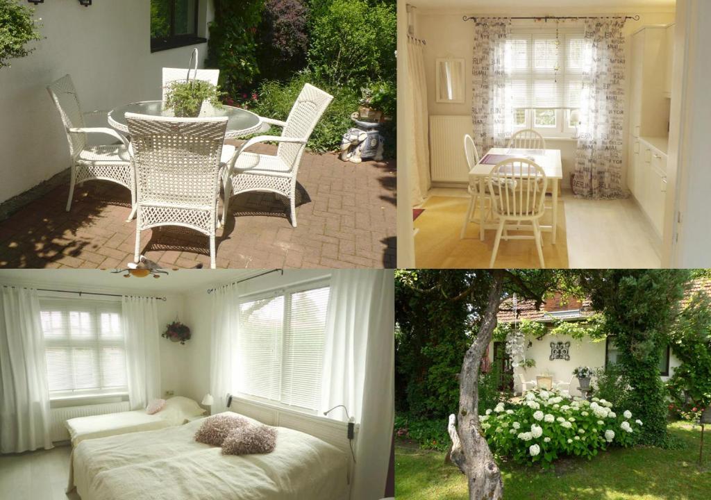 a collage of four pictures of a house with a bed and a table at gemütliches Gästehaus Berlin Bohnsdorf, nähe Flughafen Schönefeld in Berlin