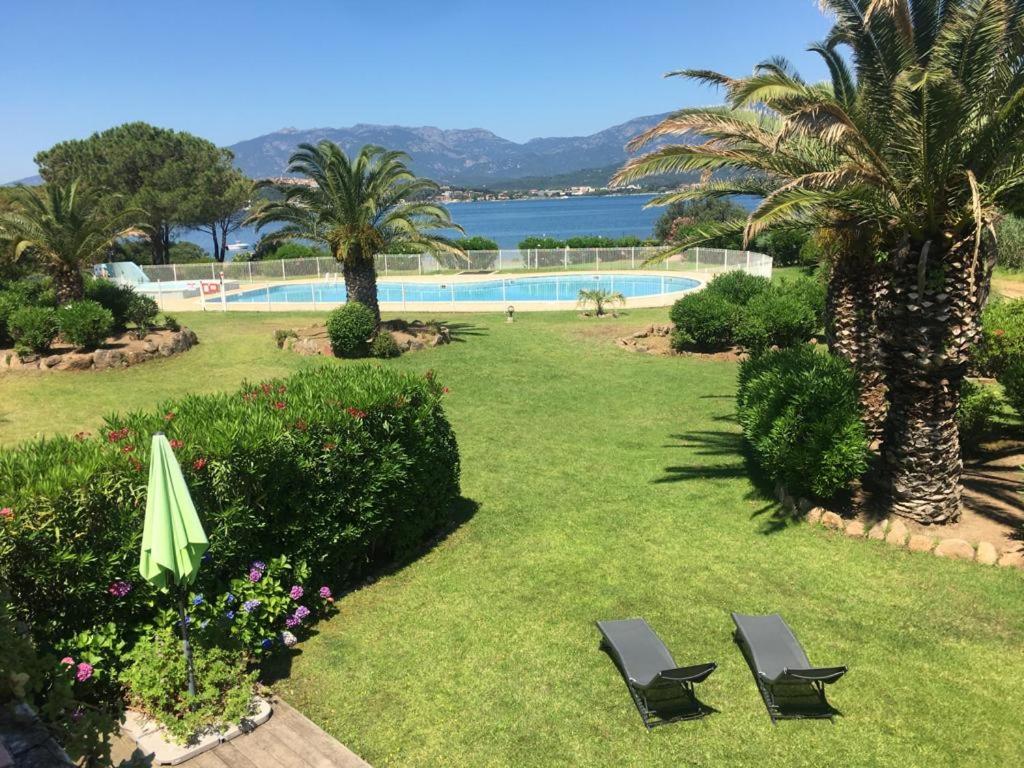 a lawn with two chairs and a swimming pool at Villa 8 au Village Marin in Porto-Vecchio